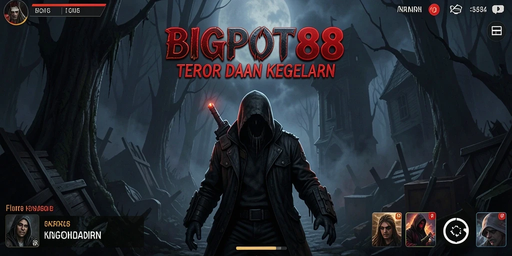 Screenshot gameplay BIGPOT88 menampilkan suasana horror yang mencekam.