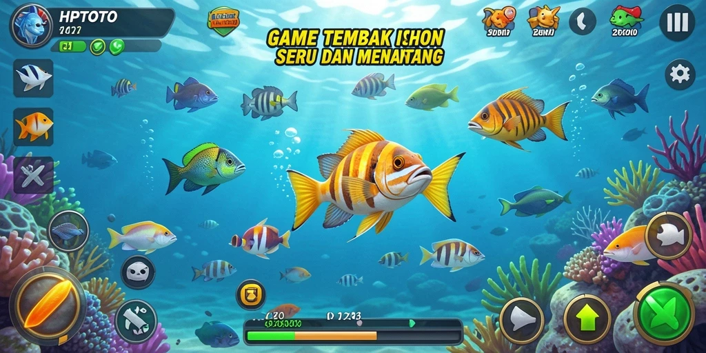 Screenshot gameplay HPTOTO dengan aksi tembak ikan yang mendebarkan.
