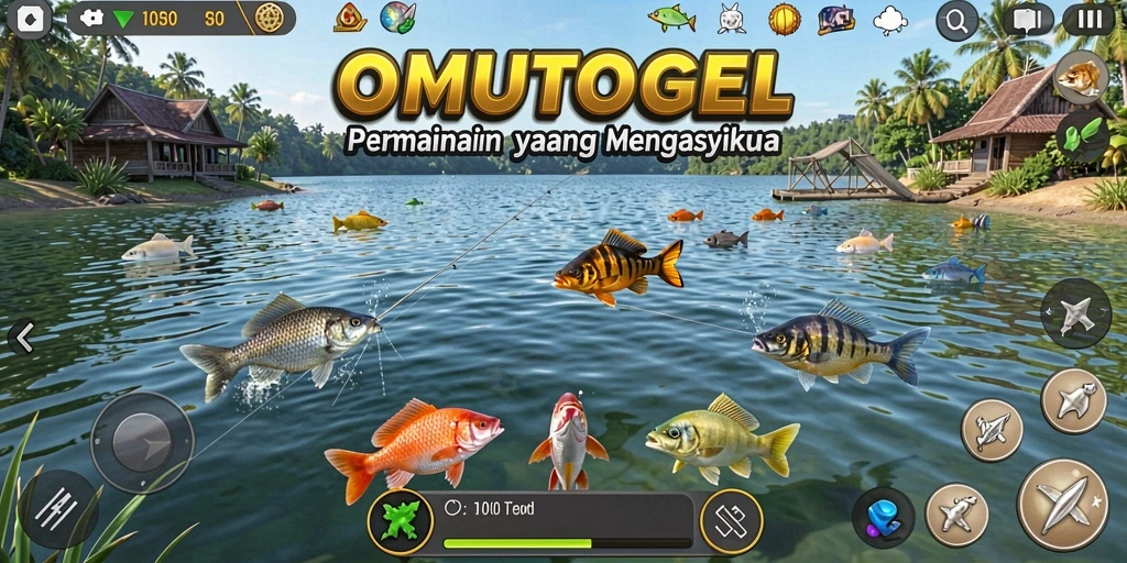 Screenshot gameplay OMUTOGEL menampilkan aksi memancing yang seru di berbagai lokasi.