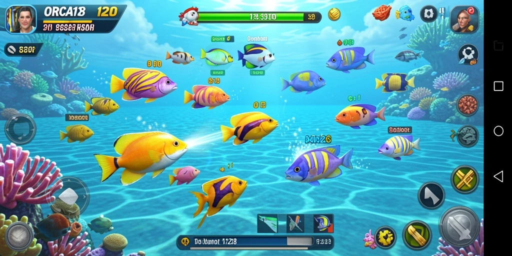 Screenshot gameplay ORCA128 menampilkan aksi menembak ikan yang seru.