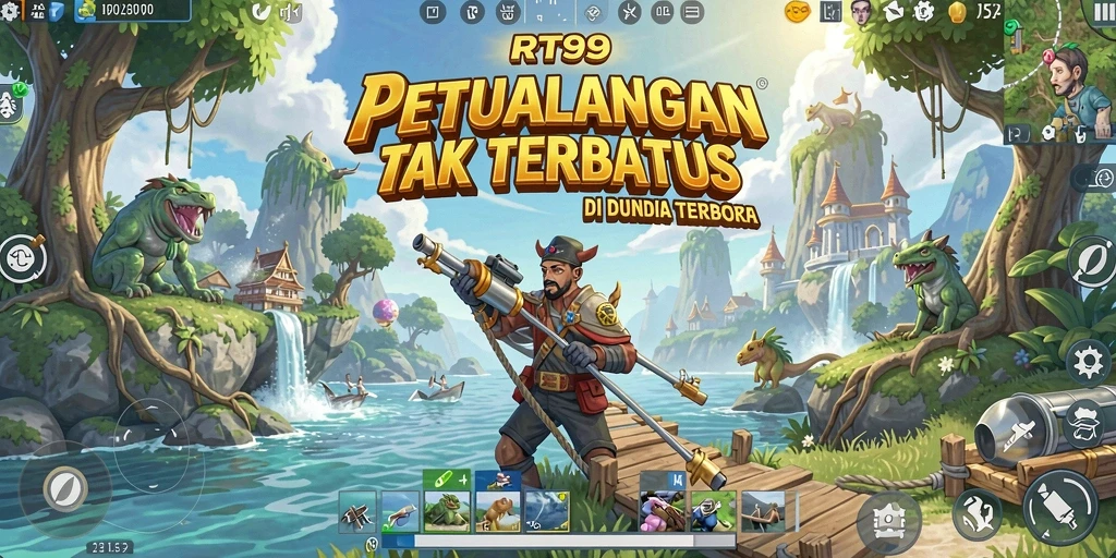 Screenshot gameplay RT99 yang menunjukkan petualangan di dunia terbuka.