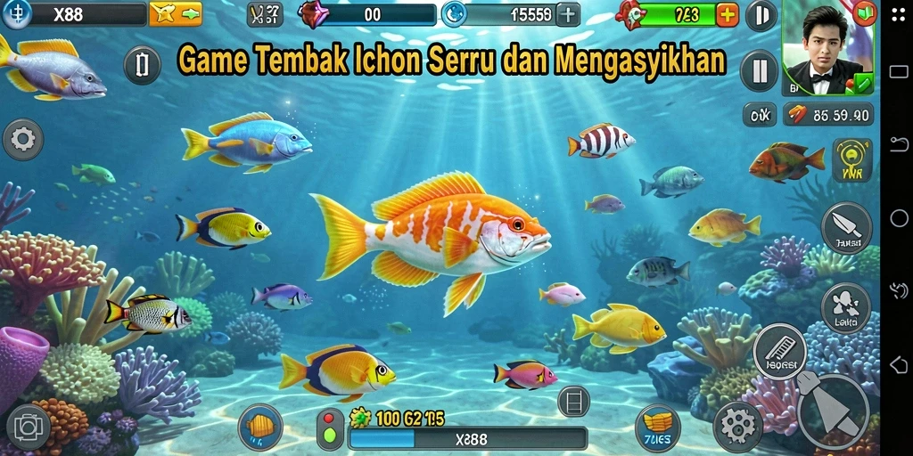 Screenshot gameplay X88 menampilkan aksi seru menembak ikan.